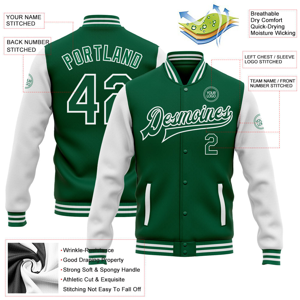 Custom Kelly Green White Bomber Full-Snap Varsity Letterman Two Tone Jacket view 5