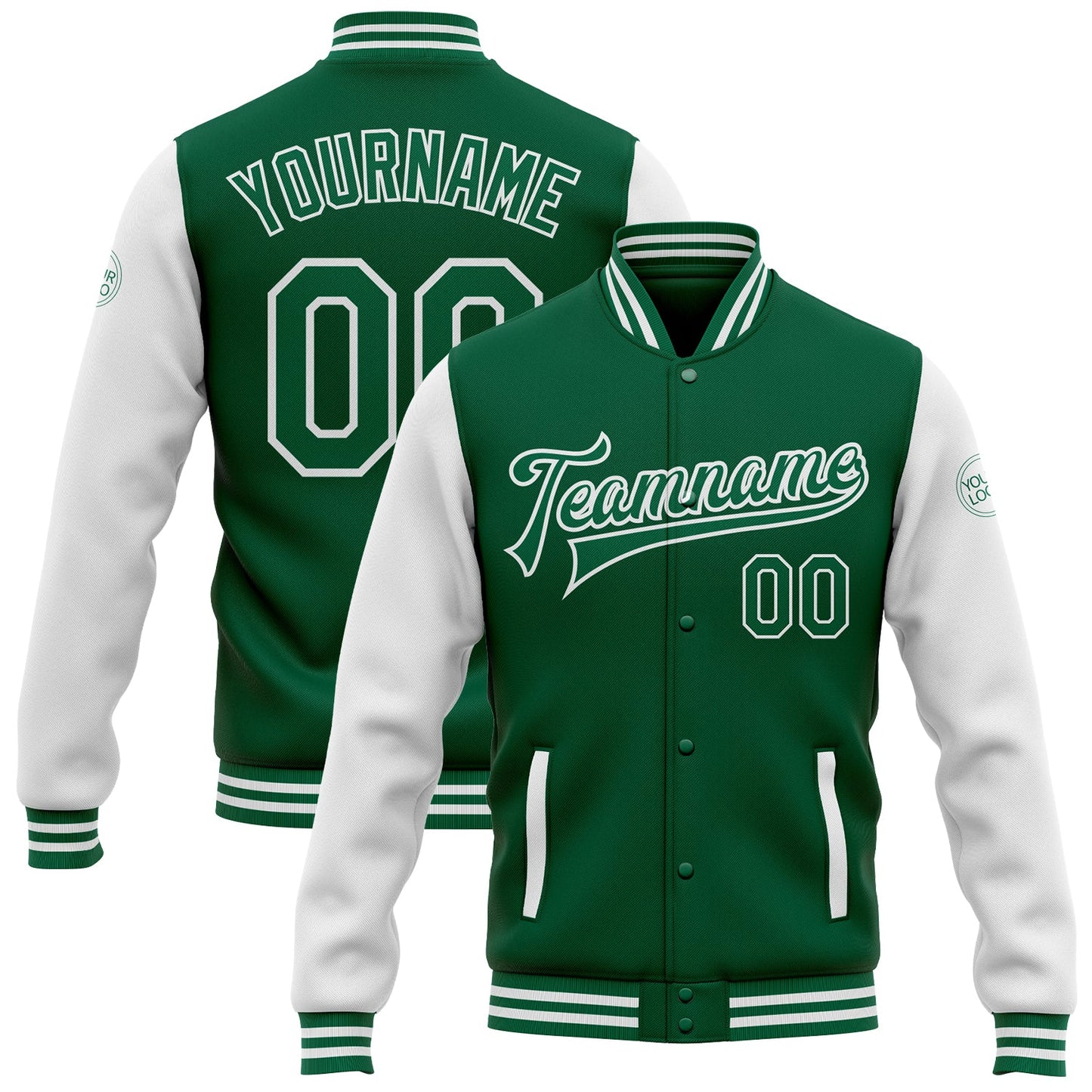 Custom Kelly Green White Bomber Full-Snap Varsity Letterman Two Tone Jacket - Main View