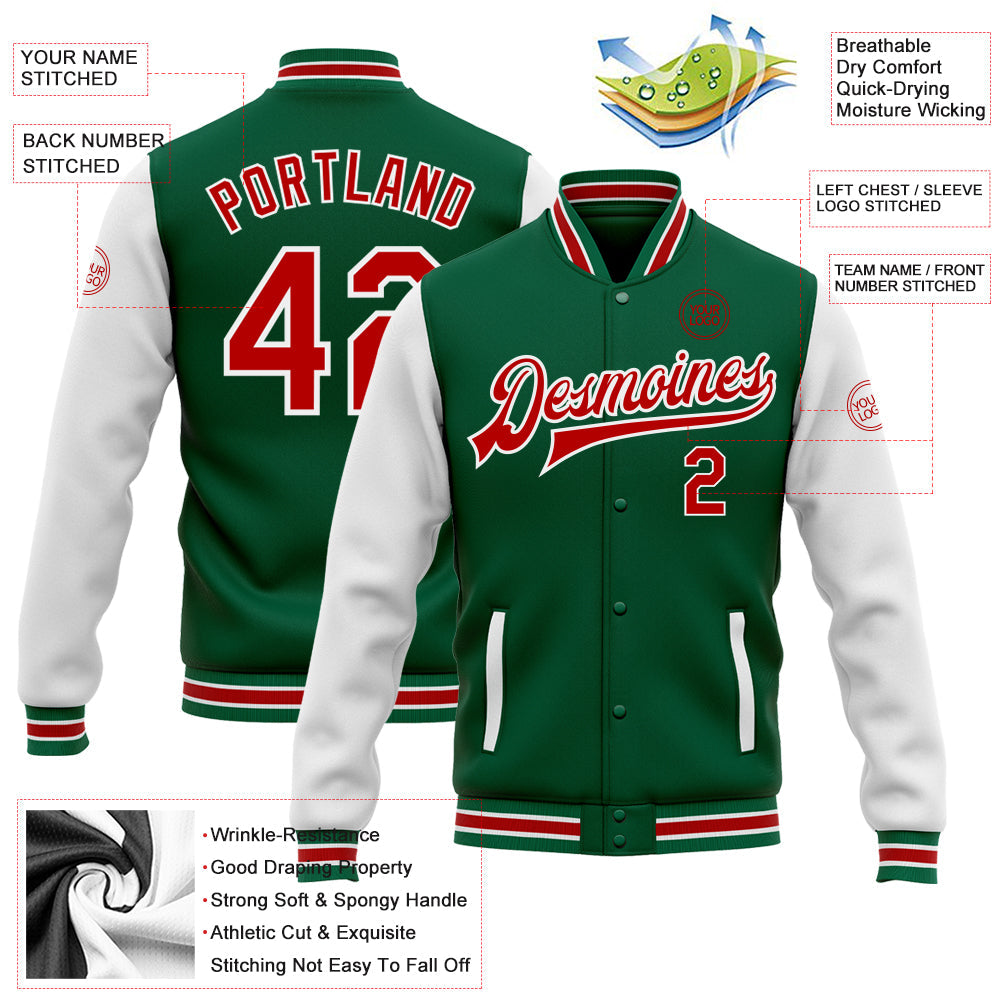 Custom Kelly Green Red-White Bomber Full-Snap Varsity Letterman Two Tone Jacket view 5
