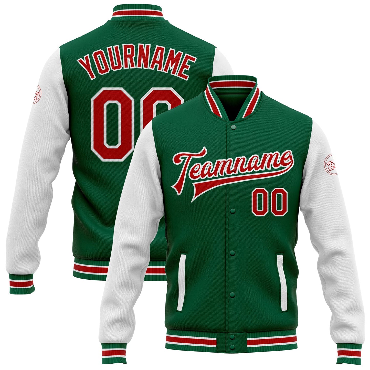 Custom Kelly Green Red-White Bomber Full-Snap Varsity Letterman Two Tone Jacket - Main View