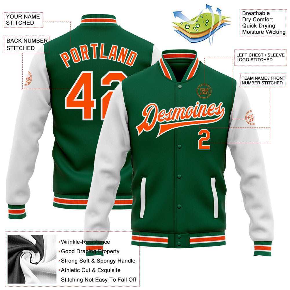 Custom Kelly Green Orange-White Bomber Full-Snap Varsity Letterman Two Tone Jacket view 5