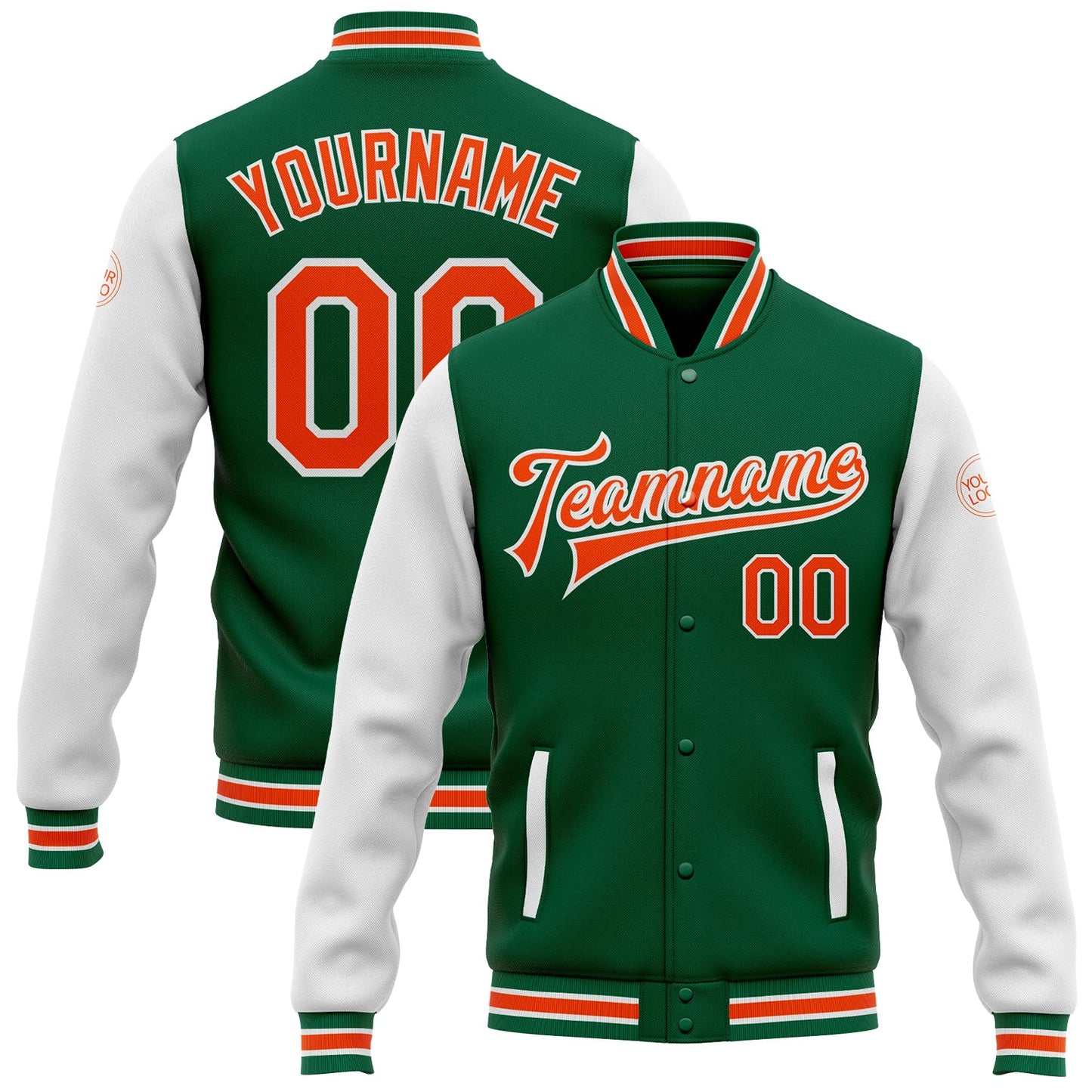 Custom Kelly Green Orange-White Bomber Full-Snap Varsity Letterman Two Tone Jacket - Main View