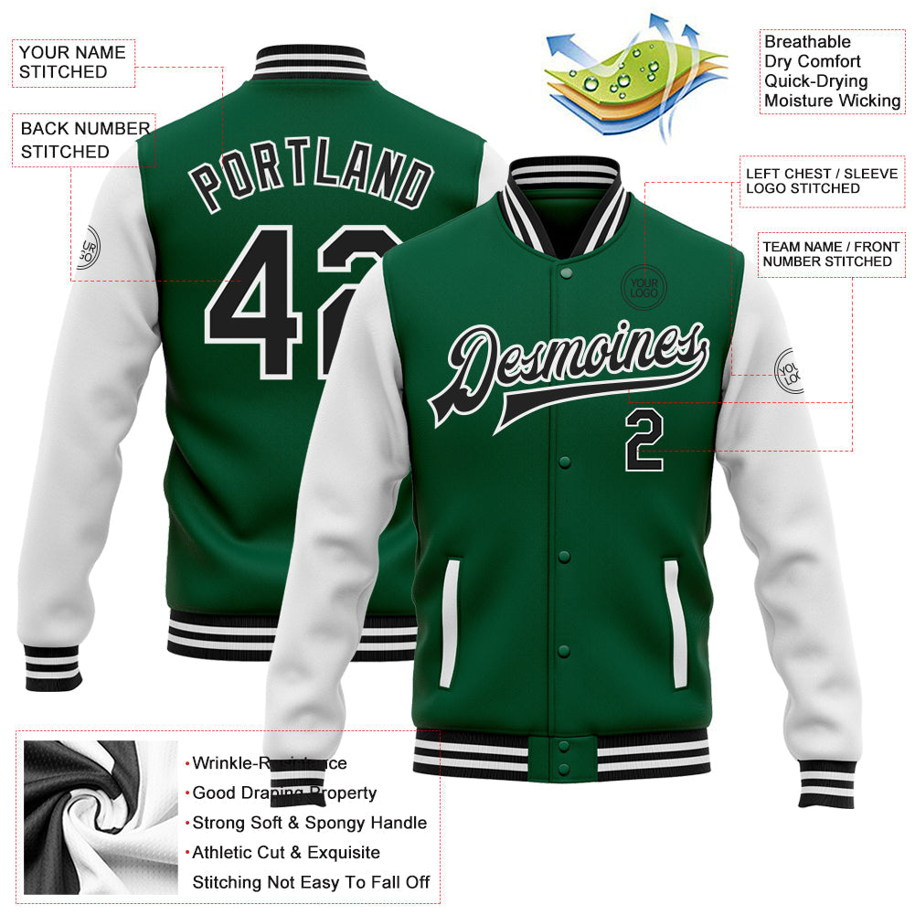 Custom Kelly Green Black-White Bomber Full-Snap Varsity Letterman Two Tone Jacket view 5