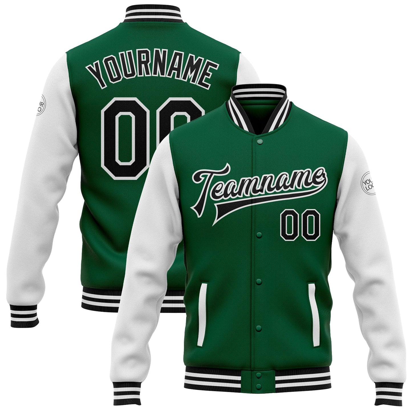Custom Kelly Green Black-White Bomber Full-Snap Varsity Letterman Two Tone Jacket - Main View