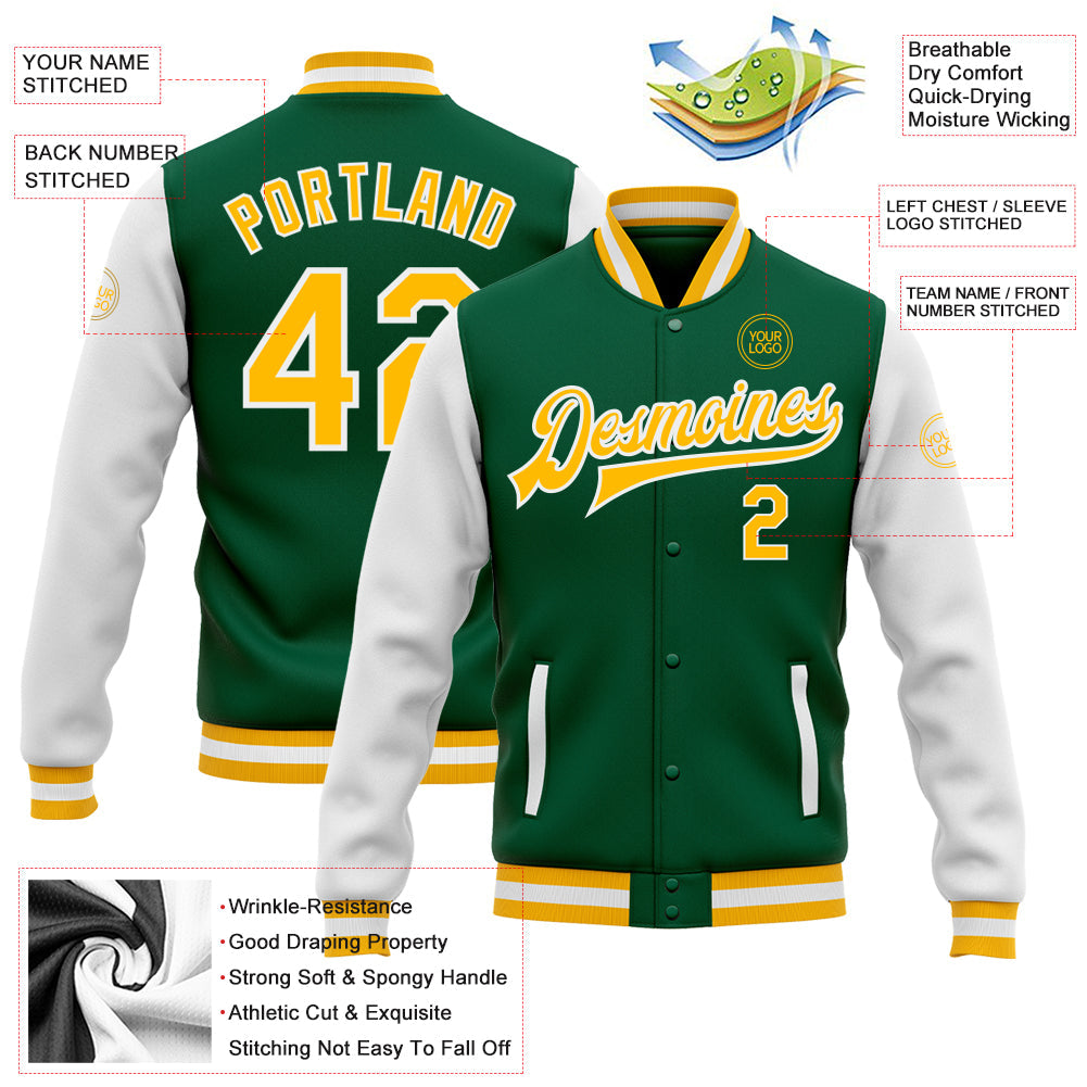 Custom Kelly Green Gold-White Bomber Full-Snap Varsity Letterman Two Tone Jacket view 5