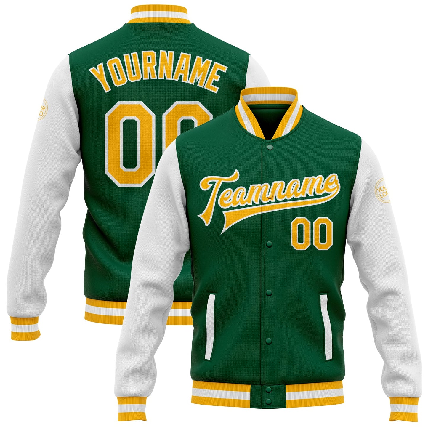 Custom Kelly Green Gold-White Bomber Full-Snap Varsity Letterman Two Tone Jacket - Main View