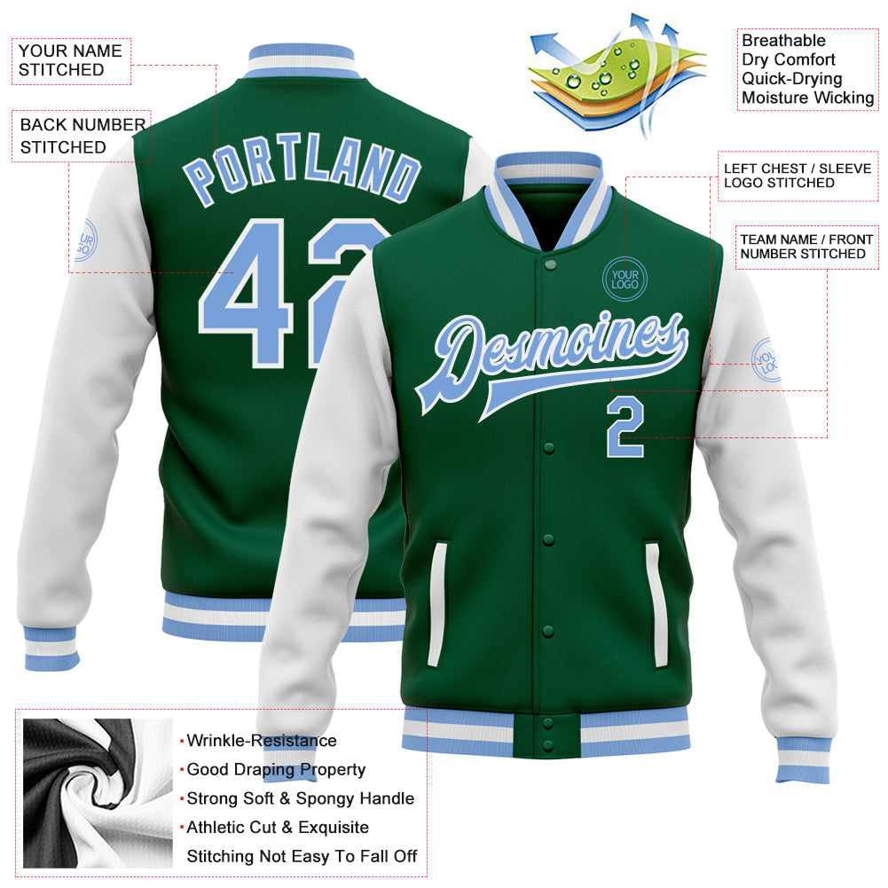 Custom Kelly Green Light Blue-White Bomber Full-Snap Varsity Letterman Two Tone Jacket view 5