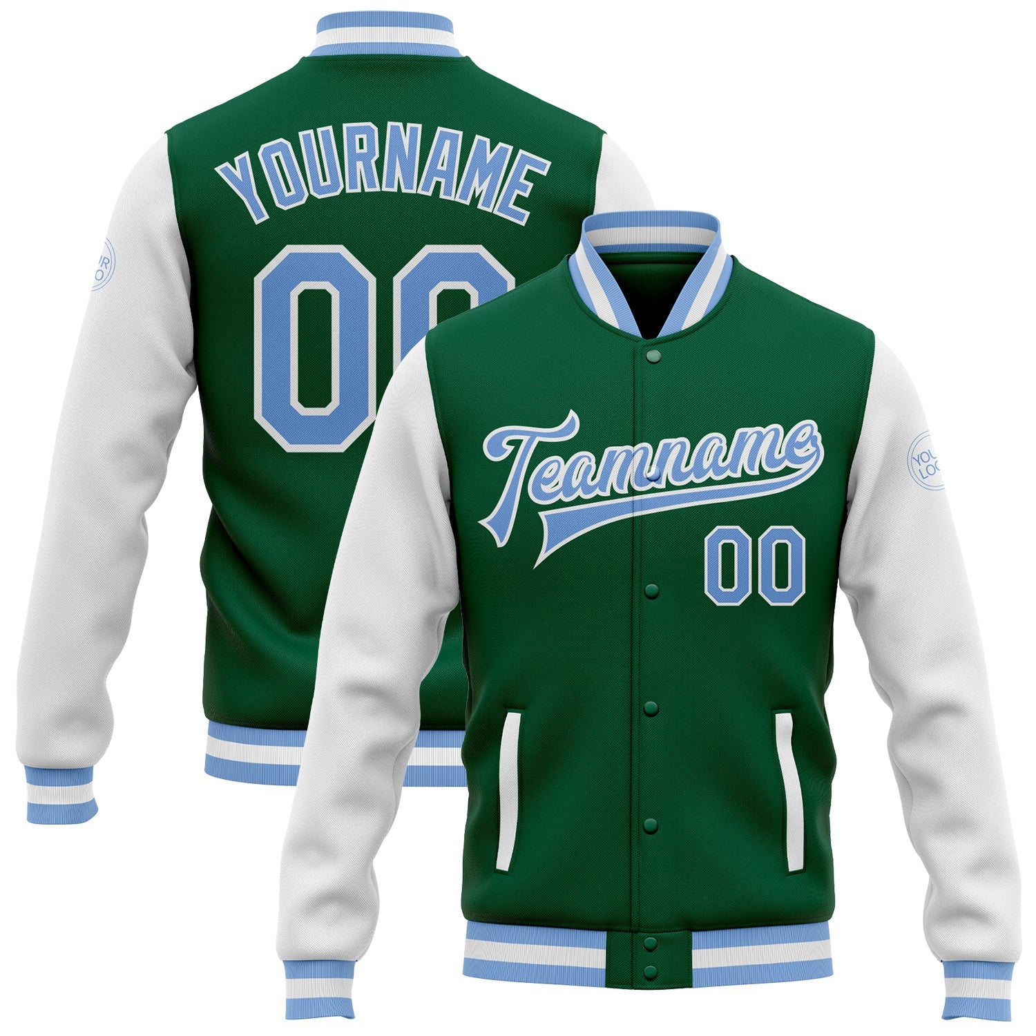 Custom Kelly Green Light Blue-White Bomber Full-Snap Varsity Letterman Two Tone Jacket - Main View