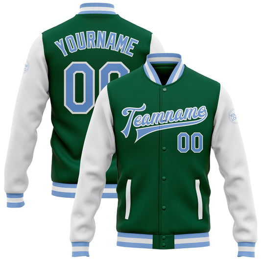 Custom Kelly Green Light Blue-White Bomber Full-Snap Varsity Letterman Two Tone Jacket - Main View