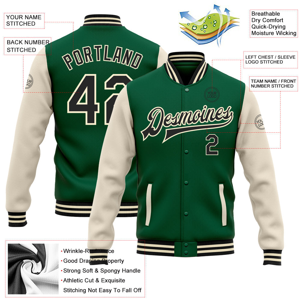 Custom Kelly Green Black-Cream Bomber Full-Snap Varsity Letterman Two Tone Jacket view 5