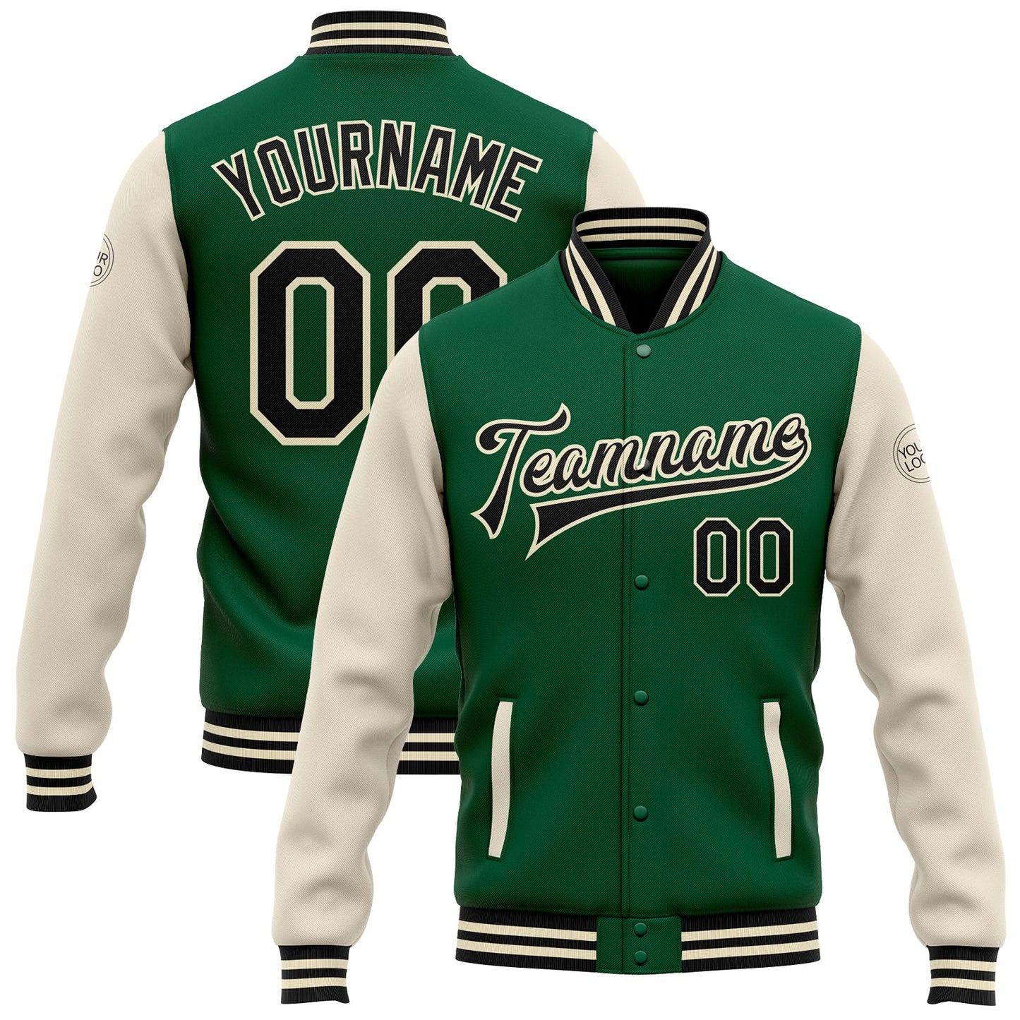 Custom Kelly Green Black-Cream Bomber Full-Snap Varsity Letterman Two Tone Jacket - Main View