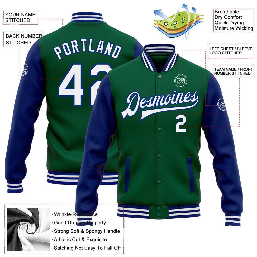 Custom Kelly Green White-Royal Bomber Full-Snap Varsity Letterman Two Tone Jacket view 5