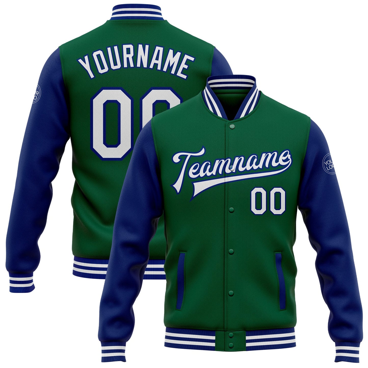 Custom Kelly Green White-Royal Bomber Full-Snap Varsity Letterman Two Tone Jacket - Main View
