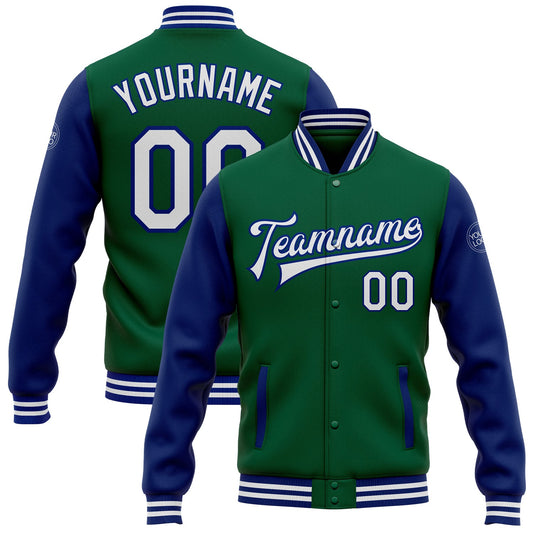 Custom Kelly Green White-Royal Bomber Full-Snap Varsity Letterman Two Tone Jacket - Main View