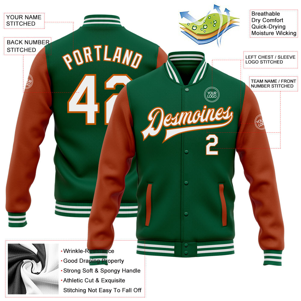 Custom Kelly Green White-Texas Orange Bomber Full-Snap Varsity Letterman Two Tone Jacket view 5