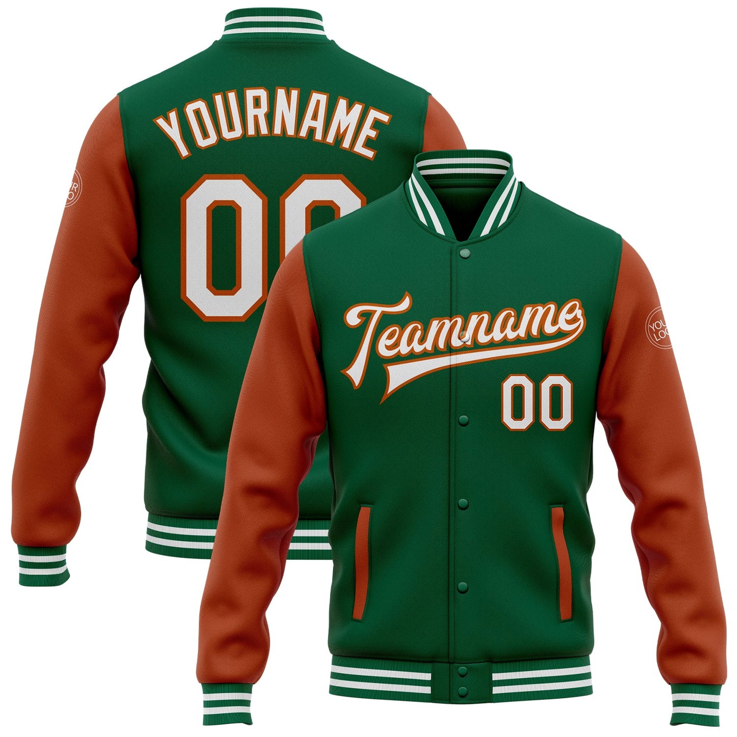 Custom Kelly Green White-Texas Orange Bomber Full-Snap Varsity Letterman Two Tone Jacket - Main View