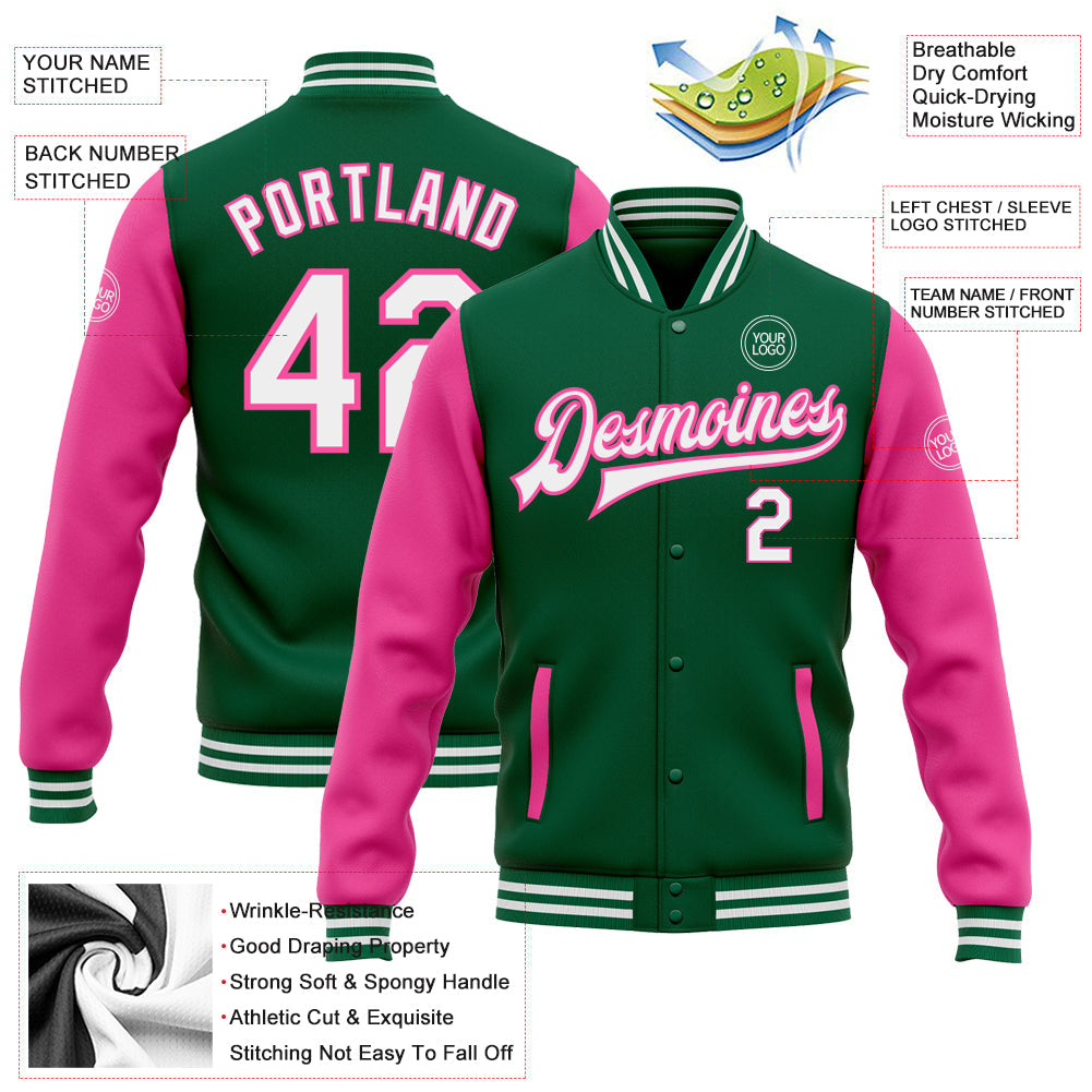 Custom Kelly Green White-Pink Bomber Full-Snap Varsity Letterman Two Tone Jacket view 5