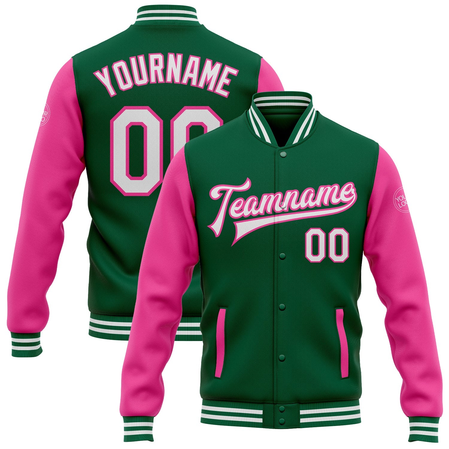 Custom Kelly Green White-Pink Bomber Full-Snap Varsity Letterman Two Tone Jacket - Main View