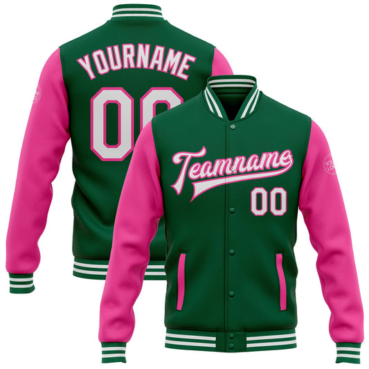 Custom Kelly Green White-Pink Bomber Full-Snap Varsity Letterman Two Tone Jacket - Main View