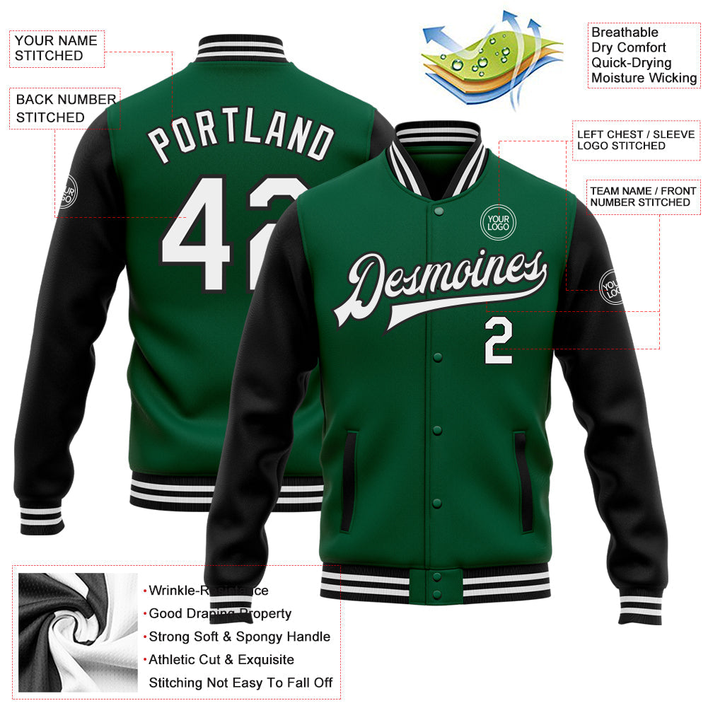 Custom Kelly Green White-Black Bomber Full-Snap Varsity Letterman Two Tone Jacket view 5