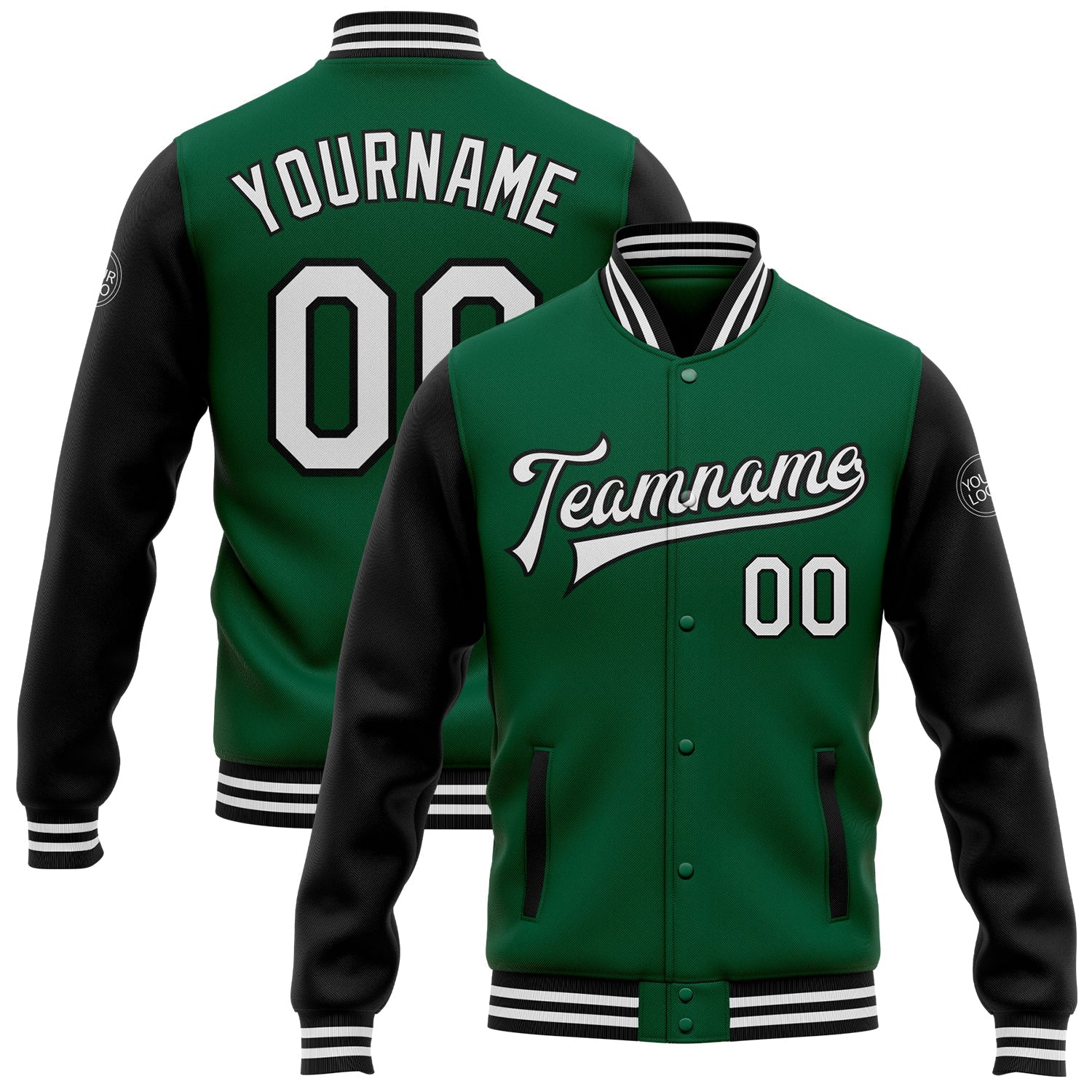 Custom Kelly Green White-Black Bomber Full-Snap Varsity Letterman Two Tone Jacket - Main View