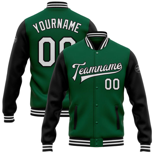 Custom Kelly Green White-Black Bomber Full-Snap Varsity Letterman Two Tone Jacket - Main View