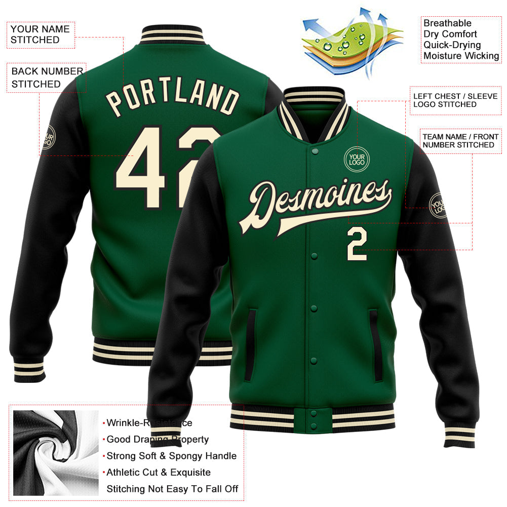 Custom Kelly Green Cream-Black Bomber Full-Snap Varsity Letterman Two Tone Jacket view 5