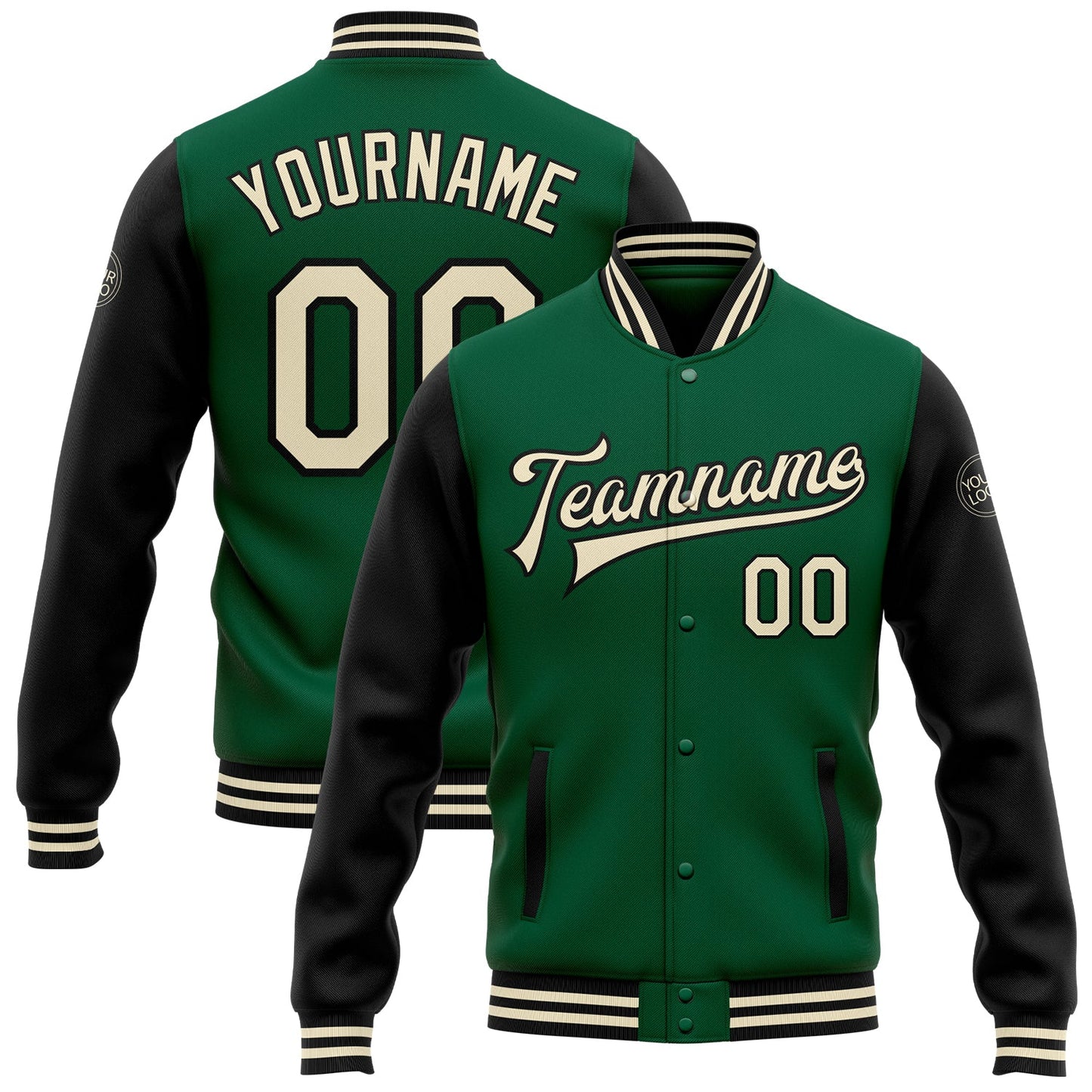 Custom Kelly Green Cream-Black Bomber Full-Snap Varsity Letterman Two Tone Jacket - Main View