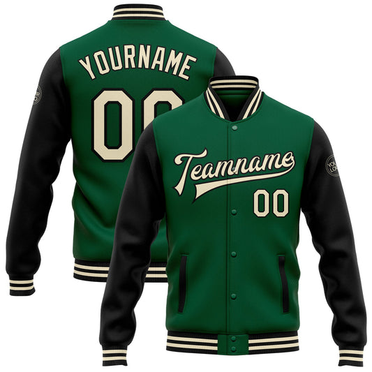 Custom Kelly Green Cream-Black Bomber Full-Snap Varsity Letterman Two Tone Jacket - Main View
