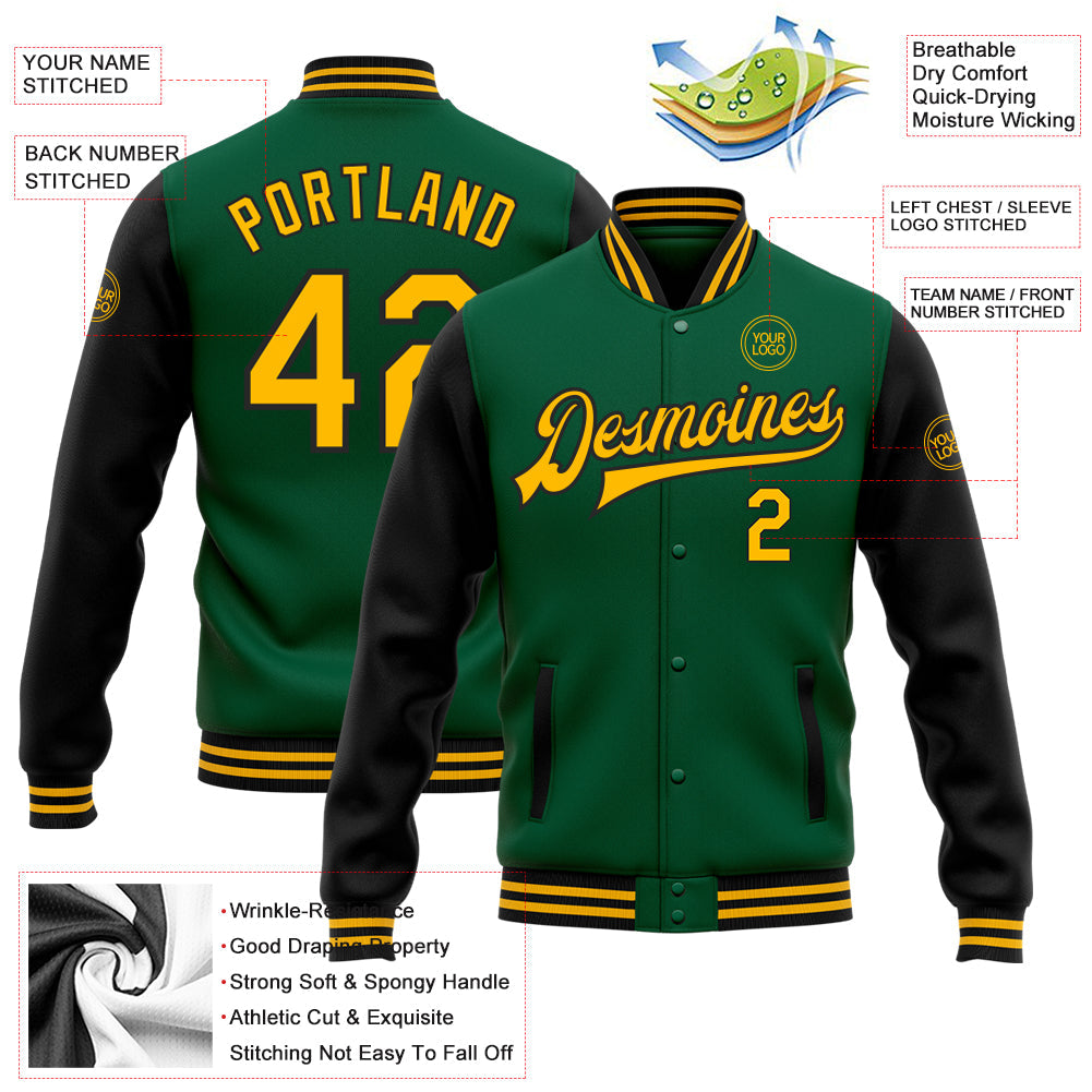 Custom Kelly Green Gold-Black Bomber Full-Snap Varsity Letterman Two Tone Jacket view 5