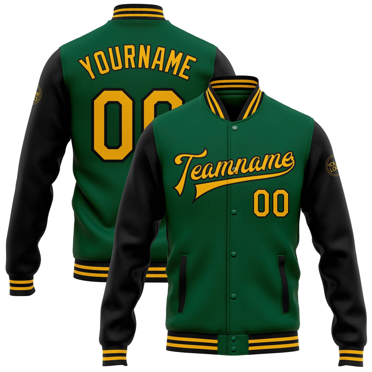 Custom Kelly Green Gold-Black Bomber Full-Snap Varsity Letterman Two Tone Jacket - Main View