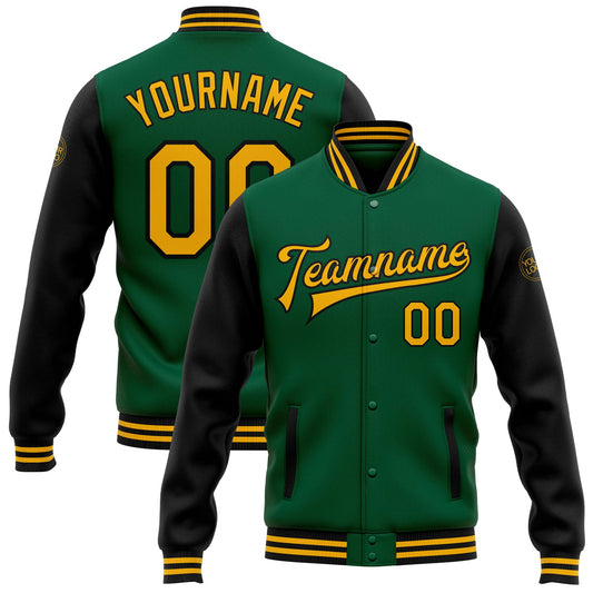 Custom Kelly Green Gold-Black Bomber Full-Snap Varsity Letterman Two Tone Jacket - Main View