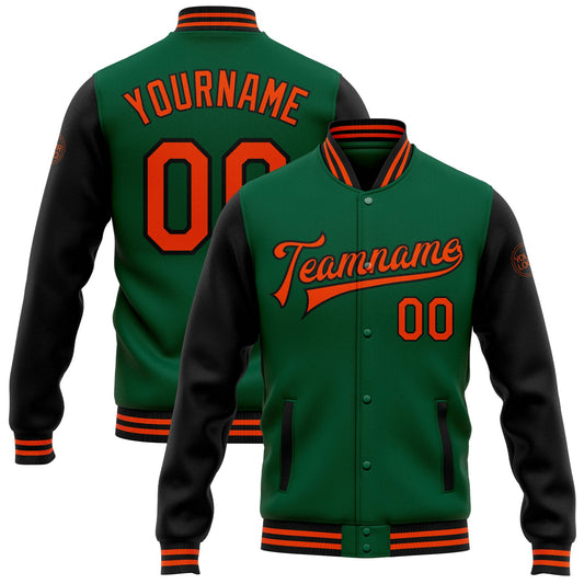 Custom Kelly Green Orange-Black Bomber Full-Snap Varsity Letterman Two Tone Jacket - Main View