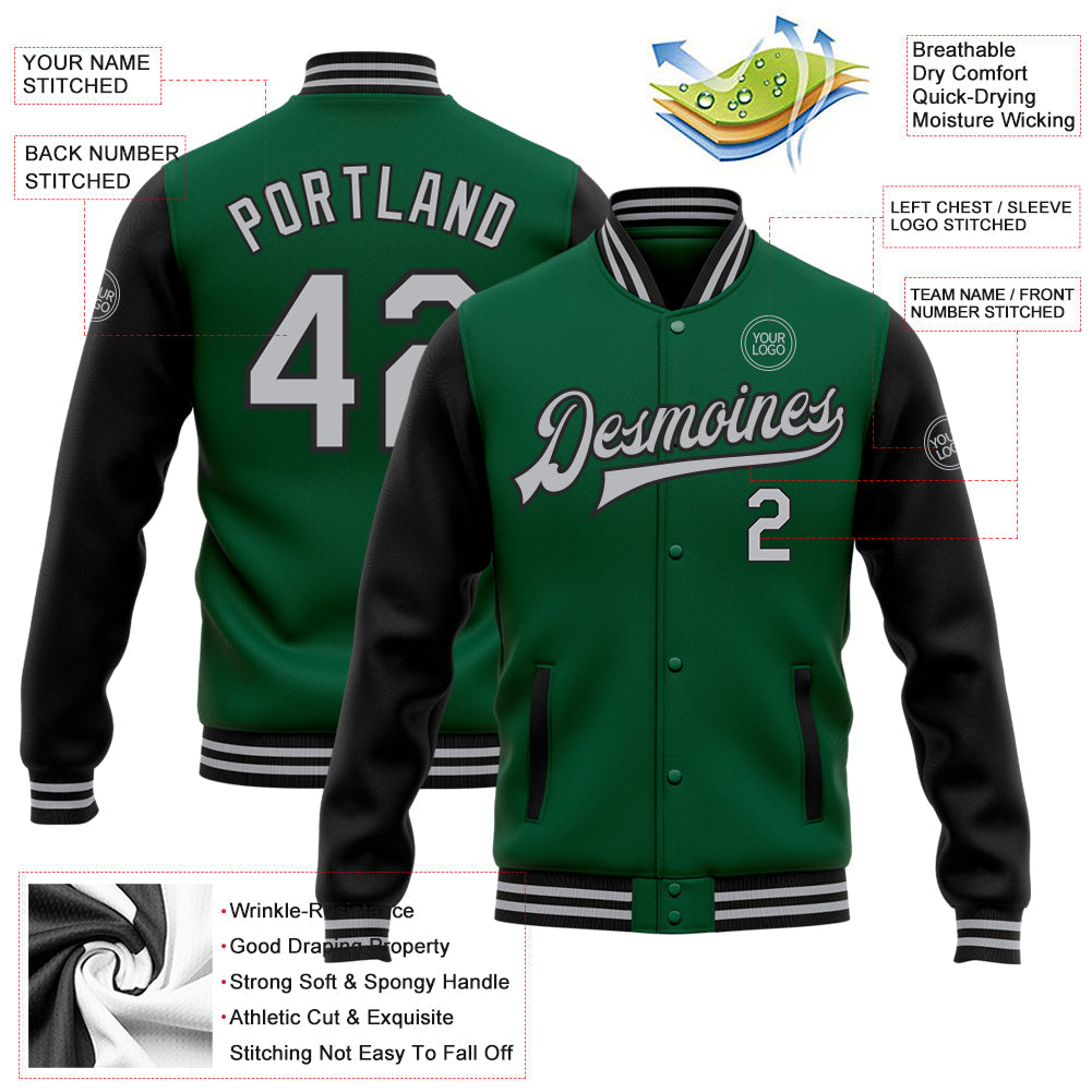 Custom Kelly Green Gray-Black Bomber Full-Snap Varsity Letterman Two Tone Jacket view 5