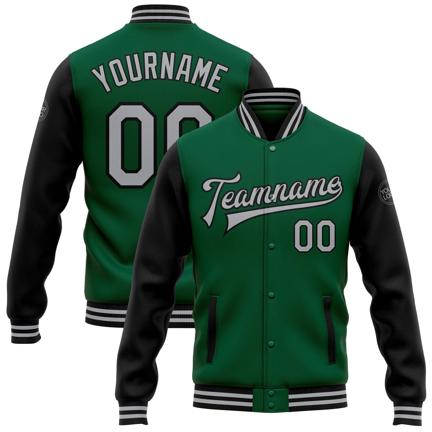 Custom Kelly Green Gray-Black Bomber Full-Snap Varsity Letterman Two Tone Jacket - Main View