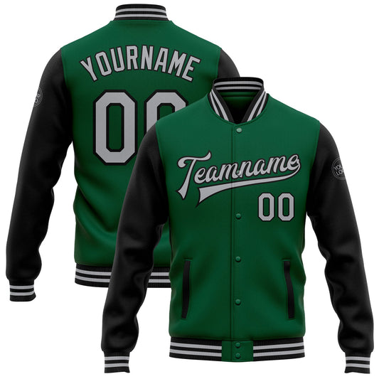 Custom Kelly Green Gray-Black Bomber Full-Snap Varsity Letterman Two Tone Jacket - Main View