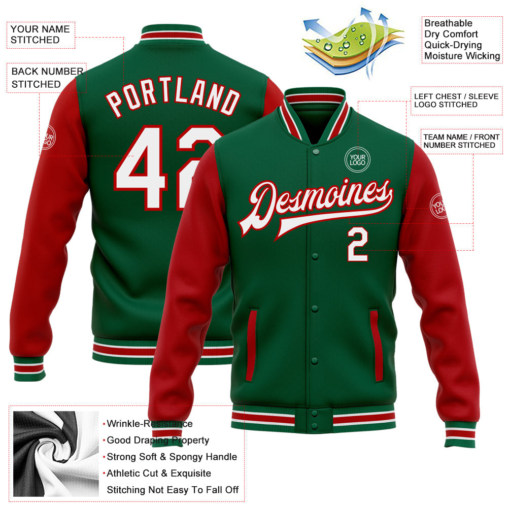 Custom Kelly Green White-Red Bomber Full-Snap Varsity Letterman Two Tone Jacket view 5