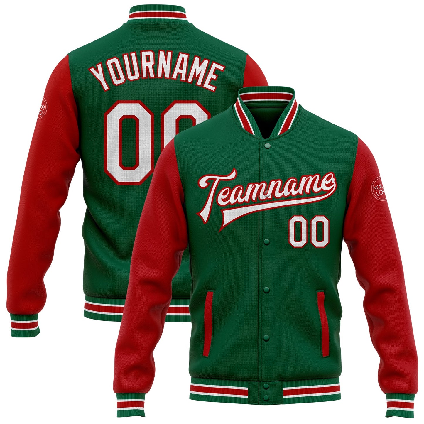 Custom Kelly Green White-Red Bomber Full-Snap Varsity Letterman Two Tone Jacket - Main View