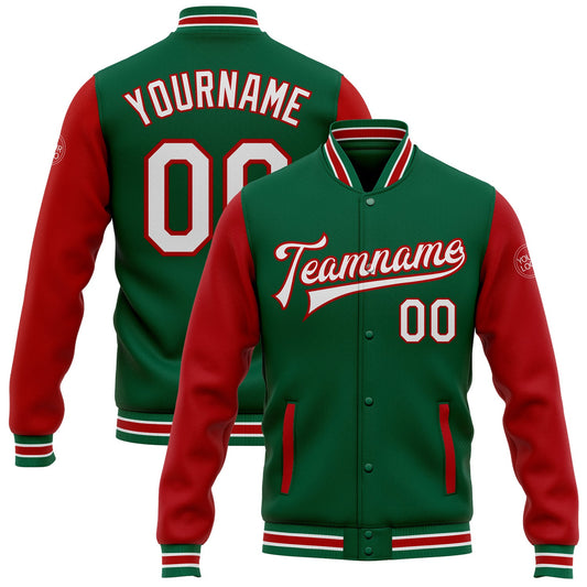 Custom Kelly Green White-Red Bomber Full-Snap Varsity Letterman Two Tone Jacket - Main View