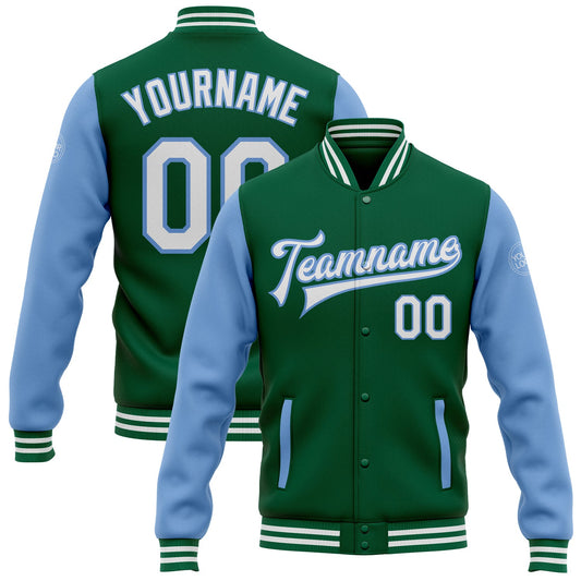 Custom Kelly Green White-Light Blue Bomber Full-Snap Varsity Letterman Two Tone Jacket - Main View