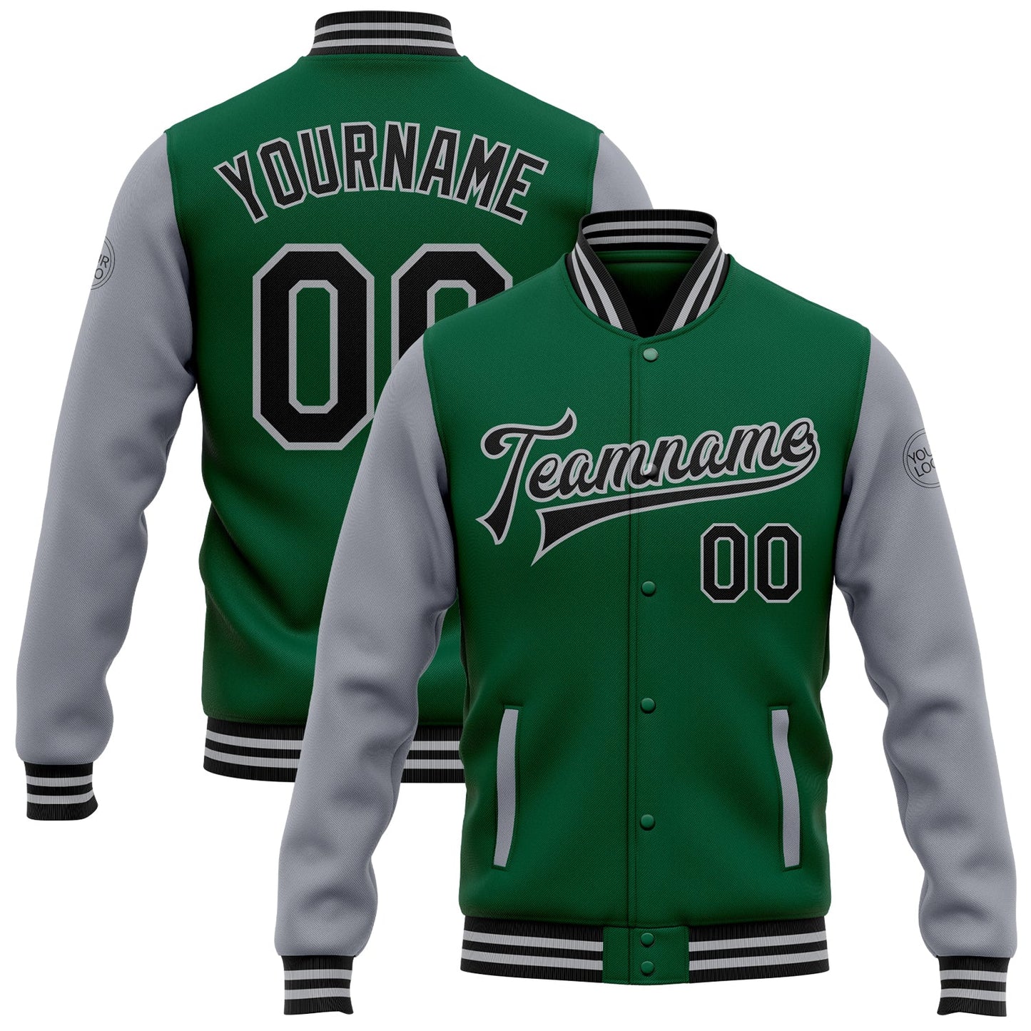 Custom Kelly Green Black-Gray Bomber Full-Snap Varsity Letterman Two Tone Jacket - Main View