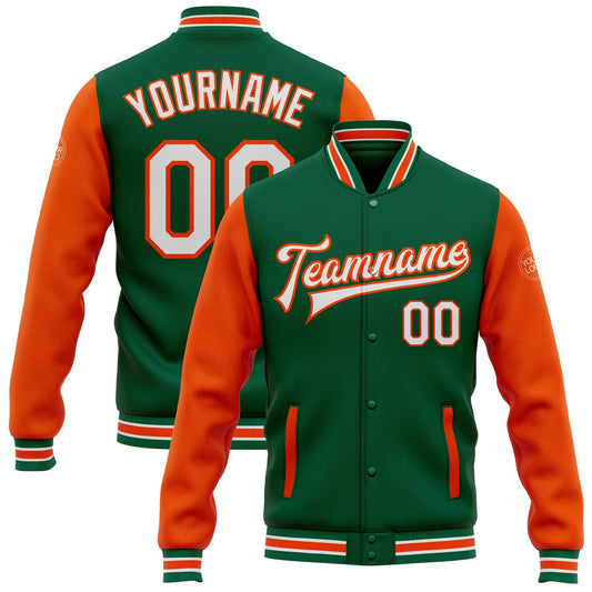 Custom Kelly Green White-Orange Bomber Full-Snap Varsity Letterman Two Tone Jacket - Main View