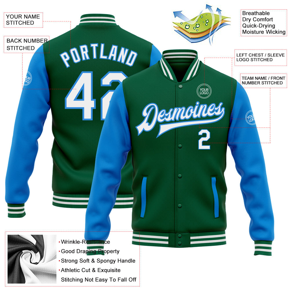Custom Kelly Green White-Powder Blue Bomber Full-Snap Varsity Letterman Two Tone Jacket view 5