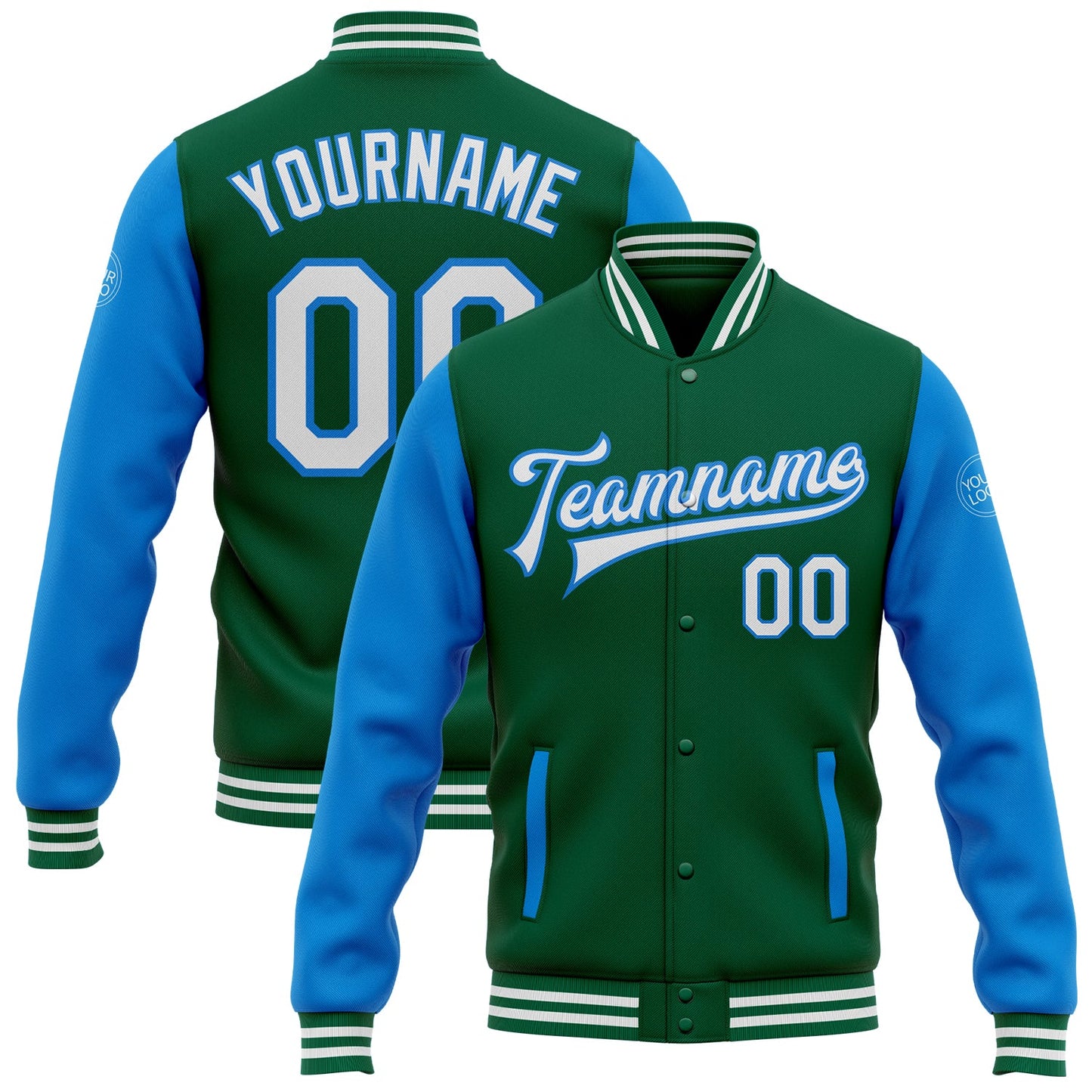 Custom Kelly Green White-Powder Blue Bomber Full-Snap Varsity Letterman Two Tone Jacket - Main View