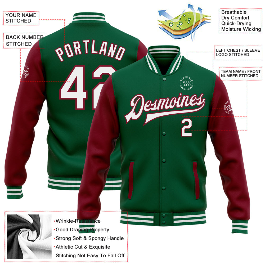 Custom Kelly Green White-Crimson Bomber Full-Snap Varsity Letterman Two Tone Jacket view 5