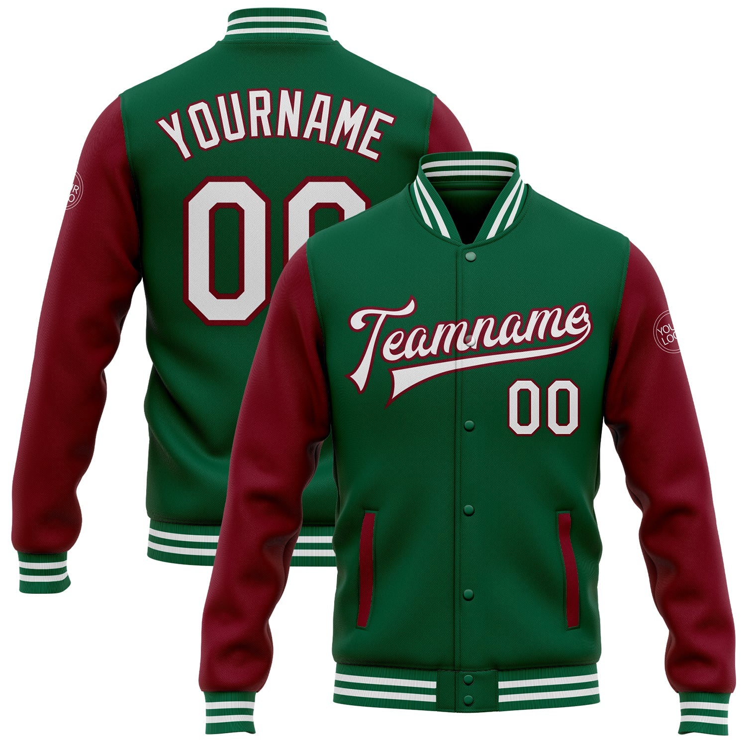 Custom Kelly Green White-Crimson Bomber Full-Snap Varsity Letterman Two Tone Jacket - Main View