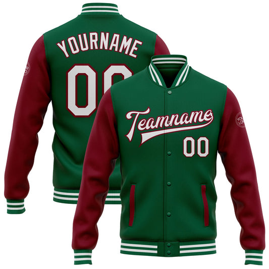 Custom Kelly Green White-Crimson Bomber Full-Snap Varsity Letterman Two Tone Jacket - Main View