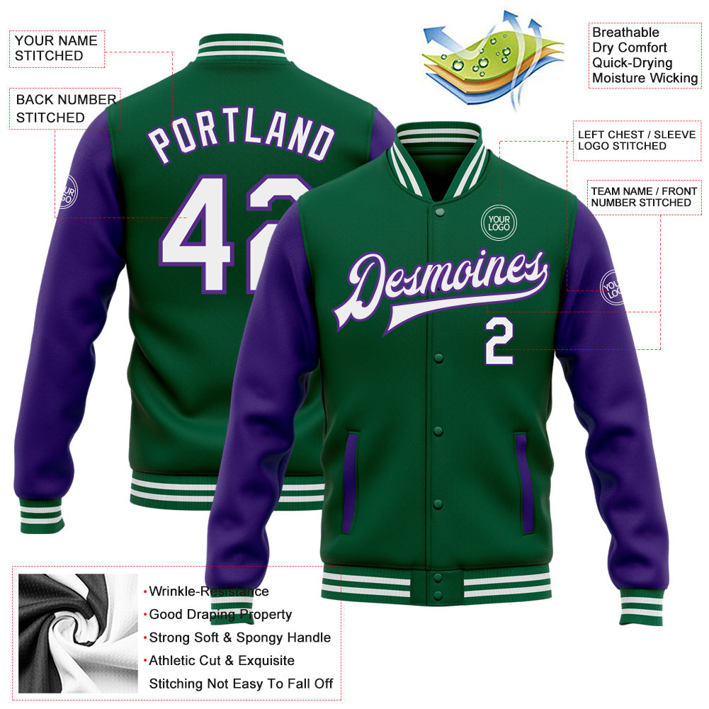 Custom Kelly Green White-Purple Bomber Full-Snap Varsity Letterman Two Tone Jacket view 5