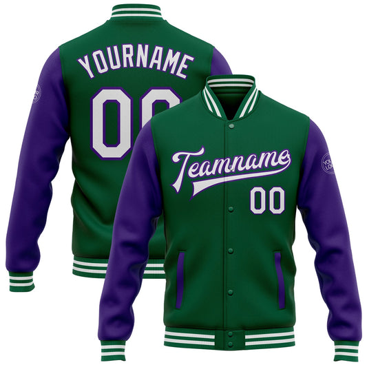 Custom Kelly Green White-Purple Bomber Full-Snap Varsity Letterman Two Tone Jacket - Main View
