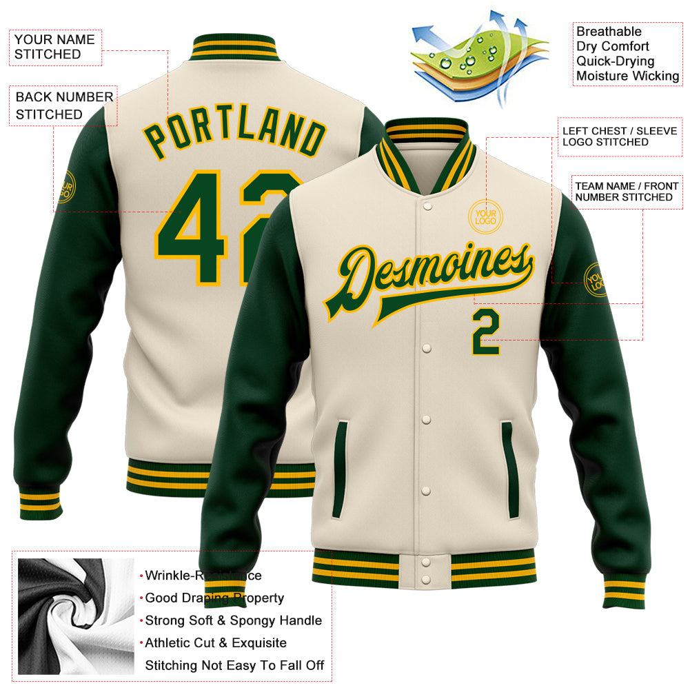 Custom Cream Green-Gold Bomber Full-Snap Varsity Letterman Two Tone Jacket view 5
